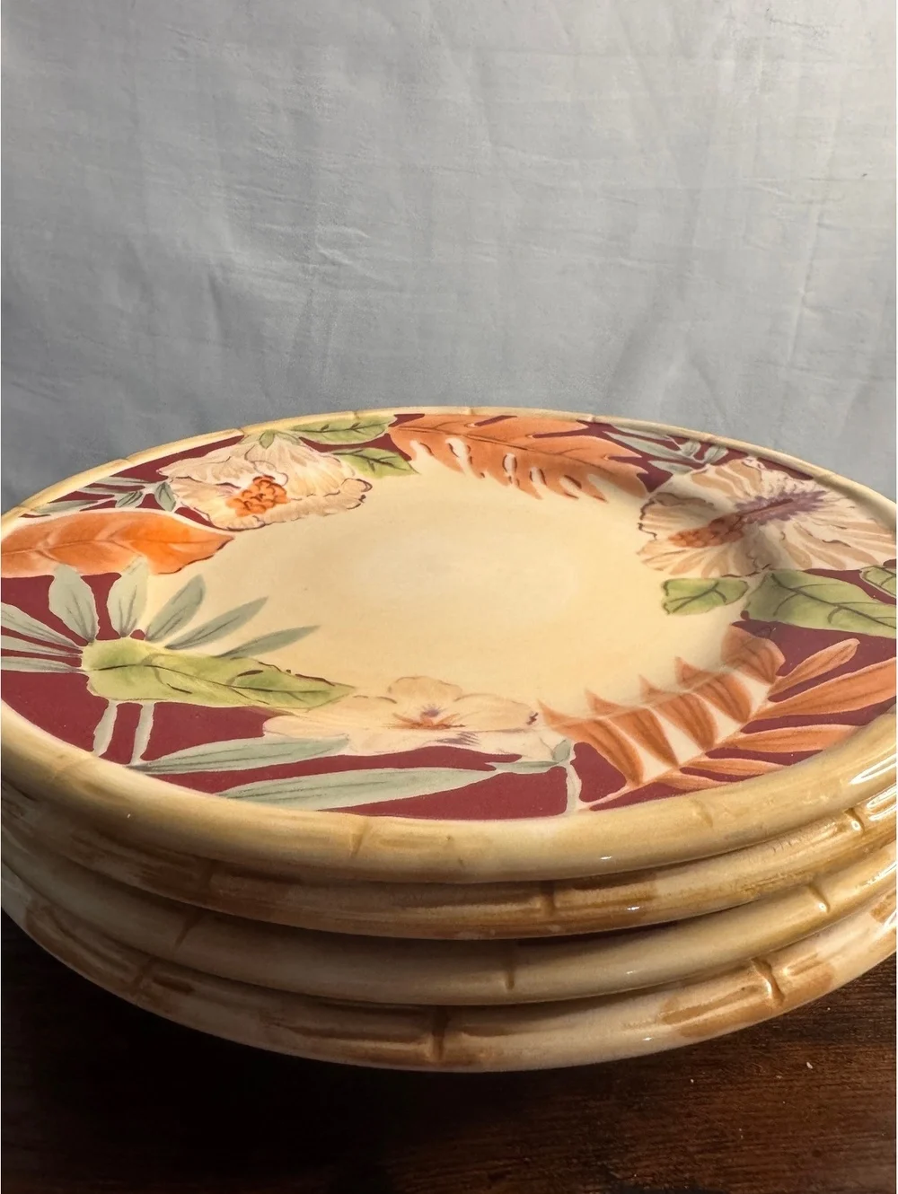 Home Trends Tropical Hibiscus Bamboo Rim Dinner Plates Set of 4